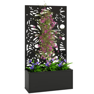 Metal Raised Garden Bed with Trellis for Climbing Plants, Freestanding or Wall Mounted Flower Bed with Privacy Panel, Butterfly Cut-Out Outdoor Planter Box for Garden, Patio, Balcony