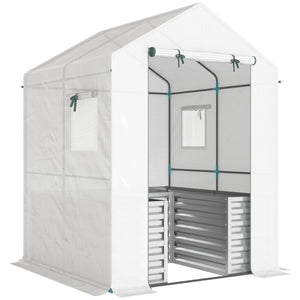 Greenhouse with Raised Garden Bed, 56" x 56" x 75" Galvanized Metal Planter Box with PE Cover, Roll Up Door and Windows, Outdoor Greenhouse for Flowers Vegetables, White