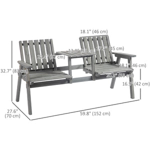 2-Seater Outdoor Wooden Bench with Middle Table and Umbrella Hole, Garden Bench for 2 Persons, Patio Loveseat with Slatted Seat and Back, Light Grey