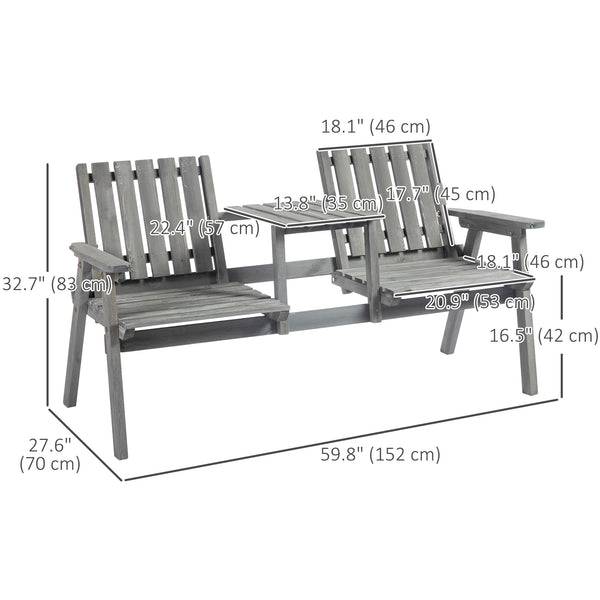2-Seater Outdoor Wooden Bench with Middle Table and Umbrella Hole, Garden Bench for 2 Persons, Patio Loveseat with Slatted Seat and Back, Light Grey