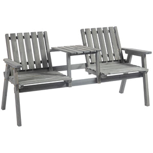 2-Seater Outdoor Wooden Bench with Middle Table and Umbrella Hole, Garden Bench for 2 Persons, Patio Loveseat with Slatted Seat and Back, Light Grey