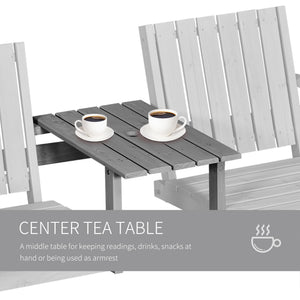 2-Seater Outdoor Wooden Bench with Middle Table and Umbrella Hole, Garden Bench for 2 Persons, Patio Loveseat with Slatted Seat and Back, Light Grey