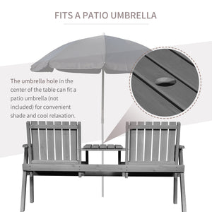 2-Seater Outdoor Wooden Bench with Middle Table and Umbrella Hole, Garden Bench for 2 Persons, Patio Loveseat with Slatted Seat and Back, Light Grey
