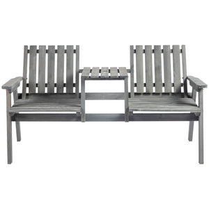 2-Seater Outdoor Wooden Bench with Middle Table and Umbrella Hole, Garden Bench for 2 Persons, Patio Loveseat with Slatted Seat and Back, Light Grey