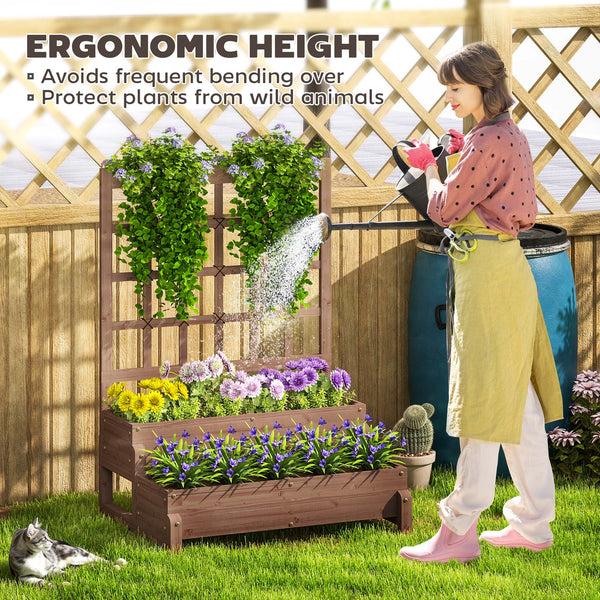 2-Tier Raised Garden Bed with Trellis, Wooden Elevated Planter Box with Drainage Holes, Outdoor Raised Planter for Climbing Plants, Fruits, Vegetables, Flowers, Brown