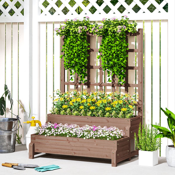 2-Tier Raised Garden Bed with Trellis, Wooden Elevated Planter Box with Drainage Holes, Outdoor Raised Planter for Climbing Plants, Fruits, Vegetables, Flowers, Brown