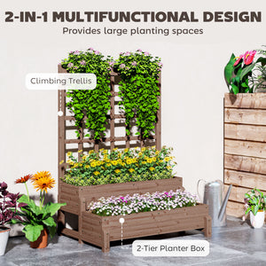 2-Tier Raised Garden Bed with Trellis, Wooden Elevated Planter Box with Drainage Holes, Outdoor Raised Planter for Climbing Plants, Fruits, Vegetables, Flowers, Brown