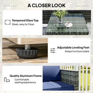 4 Pieces Rattan Garden Furniture Set, Wicker Outdoor Furniture Set with Corner Sofa Loveseat Coffee Table Cushions, Conservatory Furniture Set for Patio Balcony, Blue