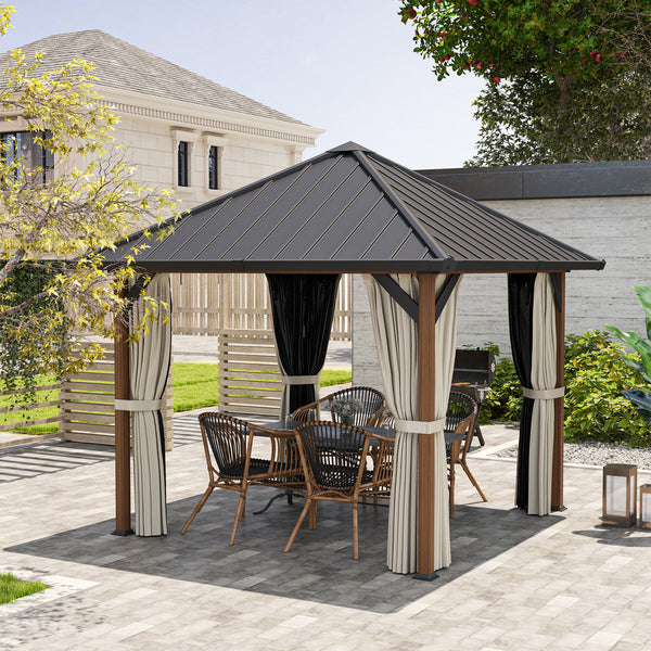 3 x 3(m) Hardtop Gazebo with Galvanised Steel Roof and Water Gutter, Waterproof Permanent Pavilion Garden Gazebo with Netting and Curtains for Patio, Deck, Walnut Wood Finish