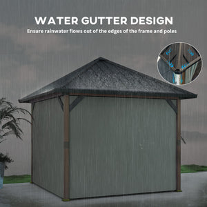 3 x 3(m) Hardtop Gazebo with Galvanised Steel Roof and Water Gutter, Waterproof Permanent Pavilion Garden Gazebo with Netting and Curtains for Patio, Deck, Walnut Wood Finish