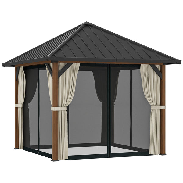 3 x 3(m) Hardtop Gazebo with Galvanised Steel Roof and Water Gutter, Waterproof Permanent Pavilion Garden Gazebo with Netting and Curtains for Patio, Deck, Walnut Wood Finish