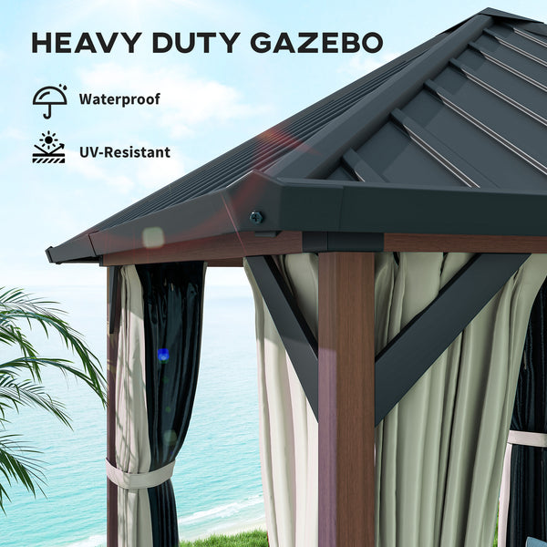 3 x 3(m) Hardtop Gazebo with Galvanised Steel Roof and Water Gutter, Waterproof Permanent Pavilion Garden Gazebo with Netting and Curtains for Patio, Deck, Walnut Wood Finish