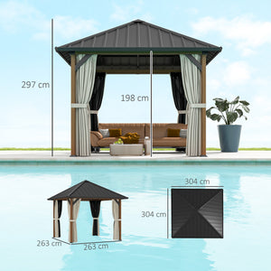 3 x 3(m) Hardtop Gazebo with Galvanised Steel Roof and Water Gutter, Waterproof Permanent Pavilion Garden Gazebo with Netting and Curtains for Patio, Deck, Walnut Wood Finish