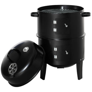 Vertical Charcoal BBQ Smoker, 3-in-1 16" Round Barbecue Grill with 2 Cooking Area and Thermometer for Outdoor Camping Picnic Cooking, Black