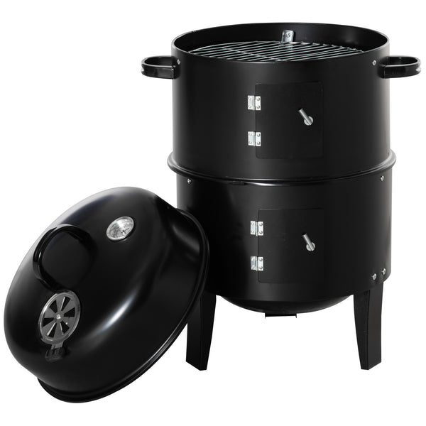 Vertical Charcoal BBQ Smoker, 3-in-1 16" Round Barbecue Grill with 2 Cooking Area and Thermometer for Outdoor Camping Picnic Cooking, Black