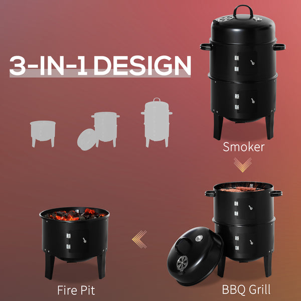 Vertical Charcoal BBQ Smoker, 3-in-1 16" Round Barbecue Grill with 2 Cooking Area and Thermometer for Outdoor Camping Picnic Cooking, Black
