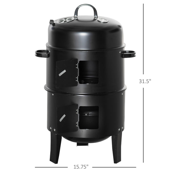 Vertical Charcoal BBQ Smoker, 3-in-1 16" Round Barbecue Grill with 2 Cooking Area and Thermometer for Outdoor Camping Picnic Cooking, Black
