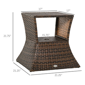 Rattan Wicker Outdoor Coffee Table, All Weather Side Table with Umbrella Hole, 2 Tier Storage Shelf, 21.3" Square End Table for Patio, Garden, Backyard, Mixed Brown
