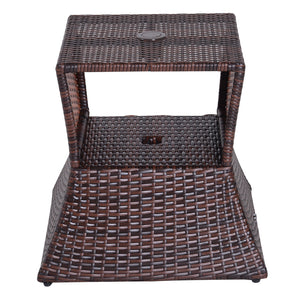 Rattan Outdoor Coffee Table, Wicker Garden Patio Bistro Side Table with Umbrella Hole and Storage Space for Balcony, Porch, Brown