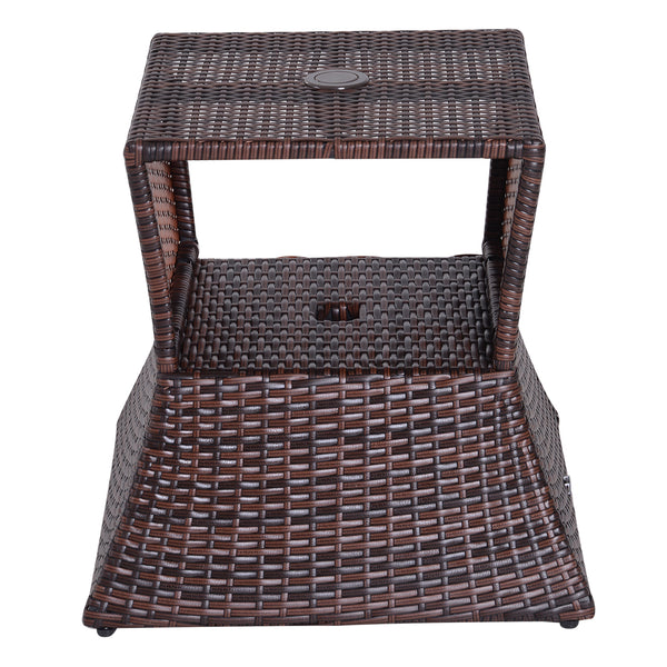 Rattan Outdoor Coffee Table, Wicker Garden Patio Bistro Side Table with Umbrella Hole and Storage Space for Balcony, Porch, Brown