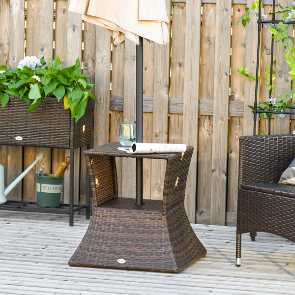Rattan Wicker Outdoor Coffee Table, All Weather Side Table with Umbrella Hole, 2 Tier Storage Shelf, 21.3" Square End Table for Patio, Garden, Backyard, Mixed Brown