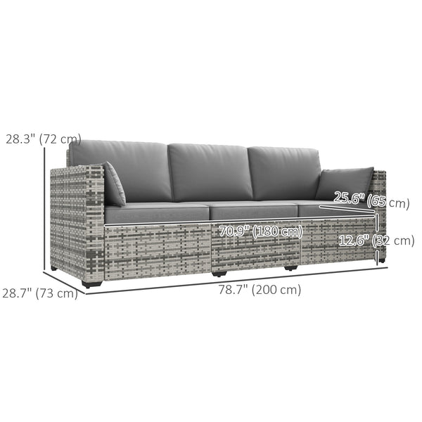 Three-Seater Outdoor Sofa with Cushions, PE Rattan Conversation Patio Wicker Couch Furniture with Pillows for Garden, Poolside, Deck, Balcony, Backyard, Grey