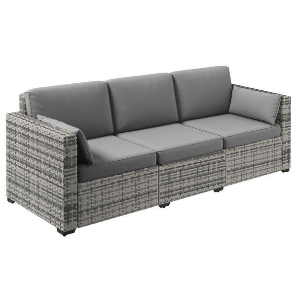 Three-Seater Outdoor Sofa with Cushions, PE Rattan Conversation Patio Wicker Couch Furniture with Pillows for Garden, Poolside, Deck, Balcony, Backyard, Grey