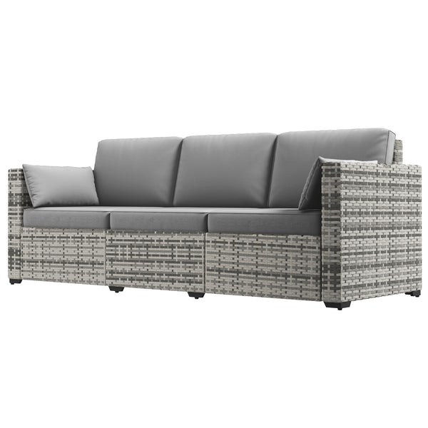 Three-Seater Outdoor Sofa with Cushions, PE Rattan Conversation Patio Wicker Couch Furniture with Pillows for Garden, Poolside, Deck, Balcony, Backyard, Grey