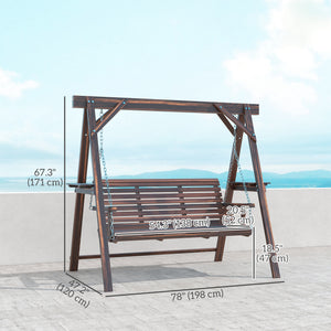3 Seat Porch Swing with Stand, Wooden Patio Swing Chair with Side Tables and Metal Chains, Outdoor Swing Bench for Garden, Poolside, Backyard, Carbonized Brown