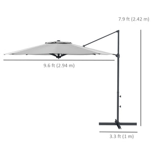 10 FT Cantilever Patio Umbrella, Round Hanging Offset Umbrella with 360°Rotation, Crank, Tilt, Cross Base, 8 Ribs, Air Vent, Outdoor Umbrella for Garden, Backyard, Grey