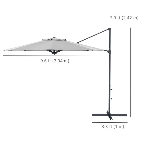 10 FT Cantilever Patio Umbrella, Round Hanging Offset Umbrella with 360°Rotation, Crank, Tilt, Cross Base, 8 Ribs, Air Vent, Outdoor Umbrella for Garden, Backyard, Grey