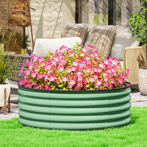 Galvanised Raised Garden Bed with Safety Edging, Outdoor Raised Planter Box with Gloves and Open Bottom, Metal Raised Bed for Flowers, Vegetables and Herbs, 120 x 120 x 43cm, Light Green
