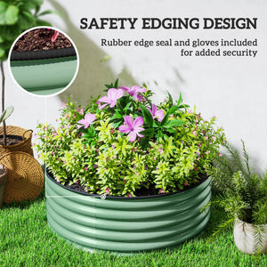 Galvanised Raised Garden Bed with Safety Edging, Outdoor Raised Planter Box with Gloves and Open Bottom, Metal Raised Bed for Flowers, Vegetables and Herbs, 120 x 120 x 43cm, Light Green