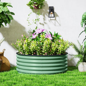 Galvanised Raised Garden Bed with Safety Edging, Outdoor Raised Planter Box with Gloves and Open Bottom, Metal Raised Bed for Flowers, Vegetables and Herbs, 120 x 120 x 43cm, Light Green