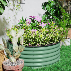 Galvanised Raised Garden Bed with Safety Edging, Outdoor Raised Planter Box with Gloves and Open Bottom, Metal Raised Bed for Flowers, Vegetables and Herbs, 120 x 120 x 43cm, Light Green