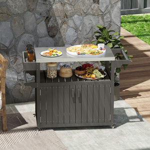 Outdoor Bar Cart with Storage Cabinet, Stainless Steel Top Outdoor Kitchen Cabinet with Wheels, HDPE Bar Table Beverage Food Prep Station for Indoor Outdoor, Dark Grey