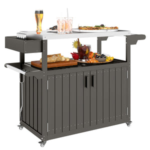 Outdoor Bar Cart with Storage Cabinet, Stainless Steel Top Outdoor Kitchen Cabinet with Wheels, HDPE Bar Table Beverage Food Prep Station for Indoor Outdoor, Dark Grey