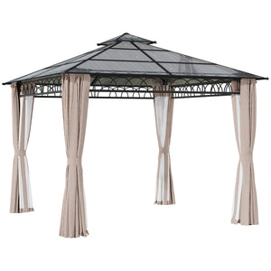 3 x 3 (m) Outdoor Polycarbonate Gazebo, Double Roof Hard Top Gazebo with Galvanised Steel Frame, Nettings & Curtains for Garden, Lawn, Patio and Deck, Khaki