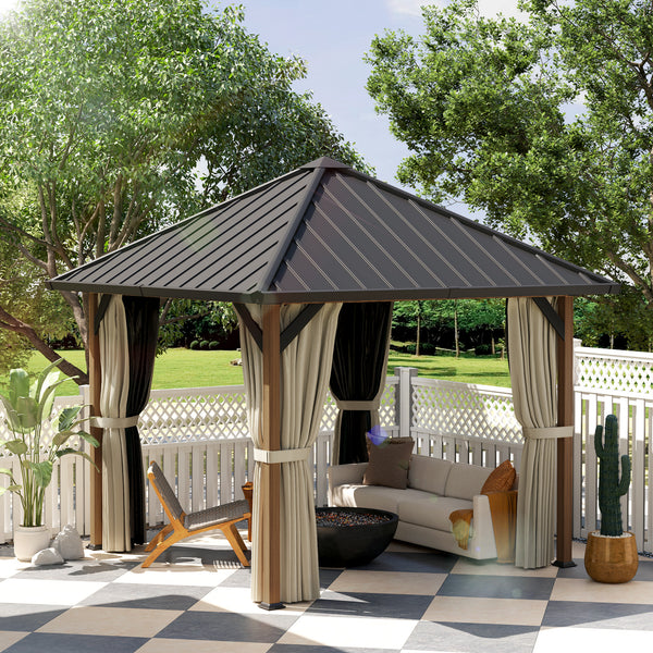 10' x 10' Hardtop Gazebo with Galvanized Steel Roof, Permanent Pavilion Outdoor Gazebo with Netting and Curtains for Patio, Garden, Backyard, Lawn, Wood Finish