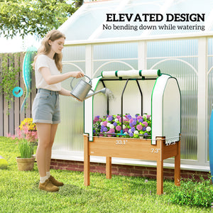 Raised Garden Bed with PE Greenhouse Cover Outdoor Elevated Wood Planter Box for Herbs and Vegetables, Use for Patio, Backyard, Balcony, 35 x 22 x 47 inch, Sand