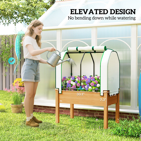 Raised Garden Bed with PE Greenhouse Cover Outdoor Elevated Wood Planter Box for Herbs and Vegetables, Use for Patio, Backyard, Balcony, 35 x 22 x 47 inch, Sand