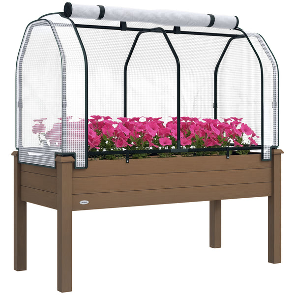 Raised Garden Bed with PE Greenhouse Cover Outdoor Elevated Wood Planter Box for Herbs and Vegetables, Use for Patio, Backyard, Balcony, 48 x 22 x 46 inch, Brown