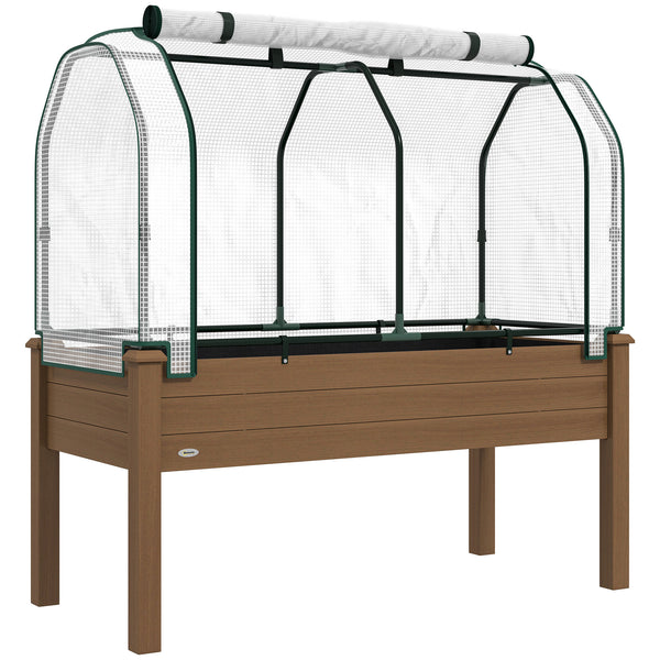 Raised Garden Bed with PE Greenhouse Cover Outdoor Elevated Wood Planter Box for Herbs and Vegetables, Use for Patio, Backyard, Balcony, 48 x 22 x 46 inch, Brown
