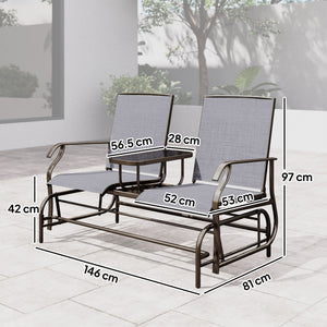 2 Seats Garden Glider Bench, Metal Frame Loveseat with Glass Top  Centre Table, Porch Rocking Glider for 2 Person, for Deck, Patio, Brown/ Grey
