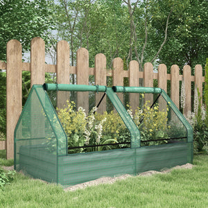 Raised Garden Bed with Mini Greenhouse, Outdoor Metal Planter Box with Cover, for Herbs and Vegetables, Use for Patio, Garden, Balcony, Green and Dark Grey