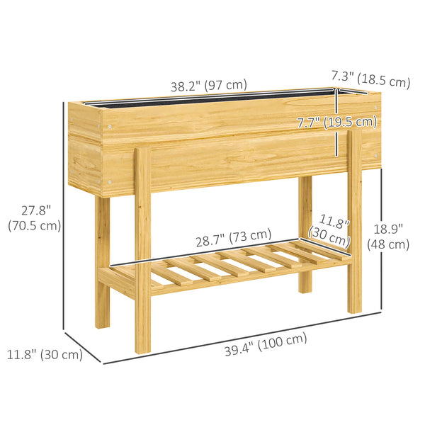 Raised Garden Bed with Legs, 39" x 12" x 28" Elevated Wooden Planter Box with Storage Shelf, Bed Liner and Drainage Holes for Backyard Patio Lawn, Natural Wood