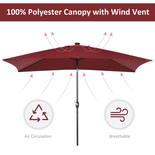 6.5x10ft Patio Umbrella Rectangle Solar Powered Tilt Aluminum Outdoor Market Parasol with LEDs Crank (Wine Red)