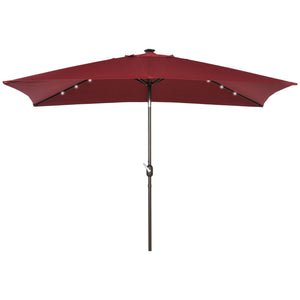 6.5x10ft Patio Umbrella Rectangle Solar Powered Tilt Aluminum Outdoor Market Parasol with LEDs Crank (Wine Red)