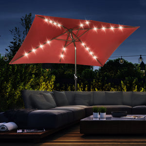 6.5x10ft Patio Umbrella Rectangle Solar Powered Tilt Aluminum Outdoor Market Parasol with LEDs Crank (Wine Red)