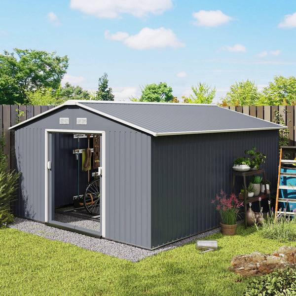11' x 13' Garden Storage Shed with Foundation Kit, Metal Tool Storage House with Double Doors for Outdoor Patio Yard, Grey